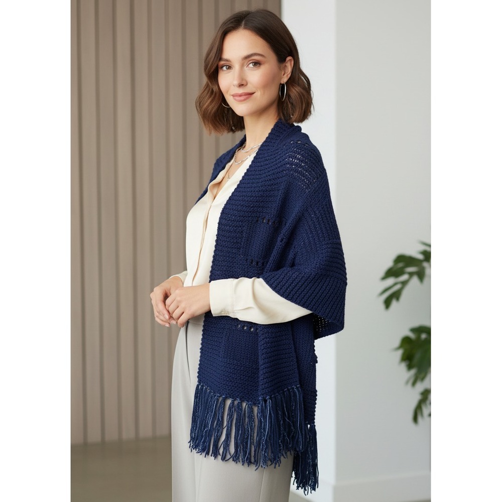 NEW Navy Blue Hand Knitted Shawl Wrap Scarf Eyelet Boho Coastal Glam Artsy Indie